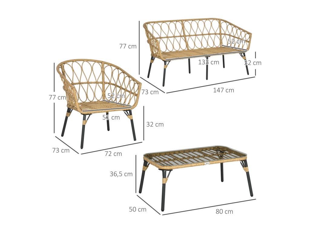 4-piece, 4-seater garden furniture set in colonial style, coffee table, grey cushions included, woven resin with a rattan look