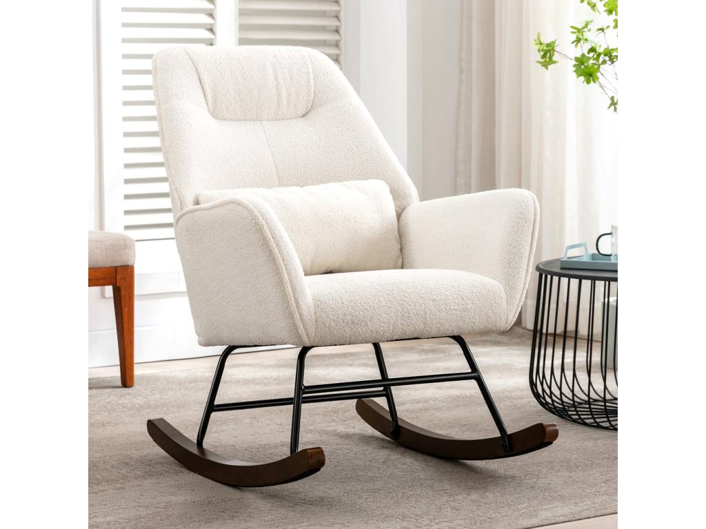 Lambswool Rocking Chair, Modern Wool Armchair, Comfortable Rocking Chair with Solid Wood Legs, Beige