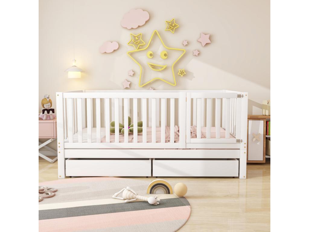 Children's bed 90x200cm in solid wood with safety rail and 2 drawers - White