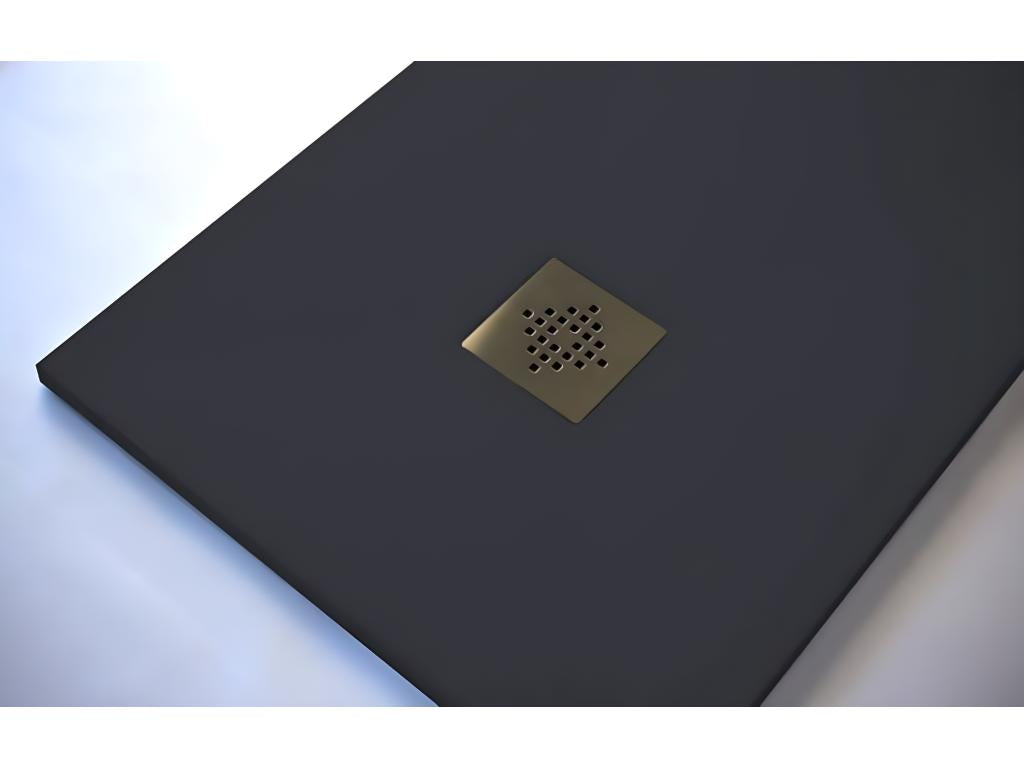 Extra-flat 70x90 cm PURE shower tray in anthracite slate-effect resin with stainless steel drain cover