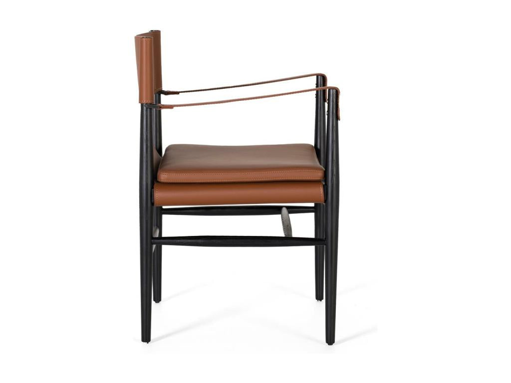 Armchair upholstered in synthetic leather and brown ash wood