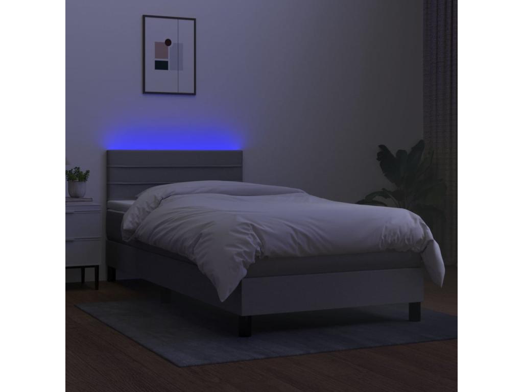 Upholstered bed base with mattress and LED light, light grey, 90x190cm, fabric