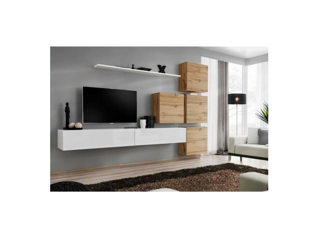 SWITCH IX wall-mounted living room furniture set, designed in glossy white and oak by Vertchez.