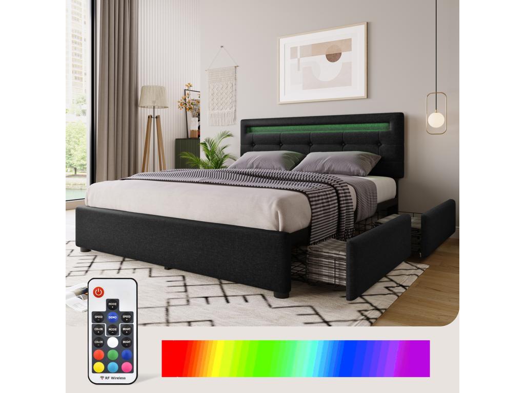 Bed with drawers - 140x200cm with LED lighting and 4 drawers, Black, without mattress - Meublita