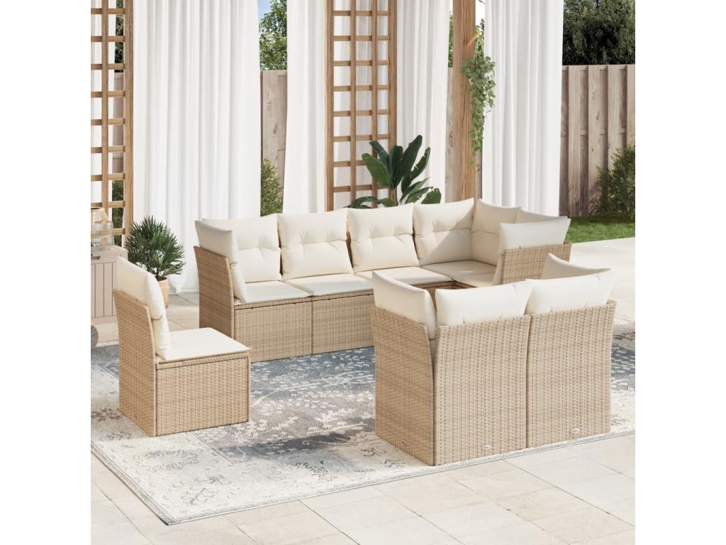 8-piece garden furniture set with cushions, beige woven resin