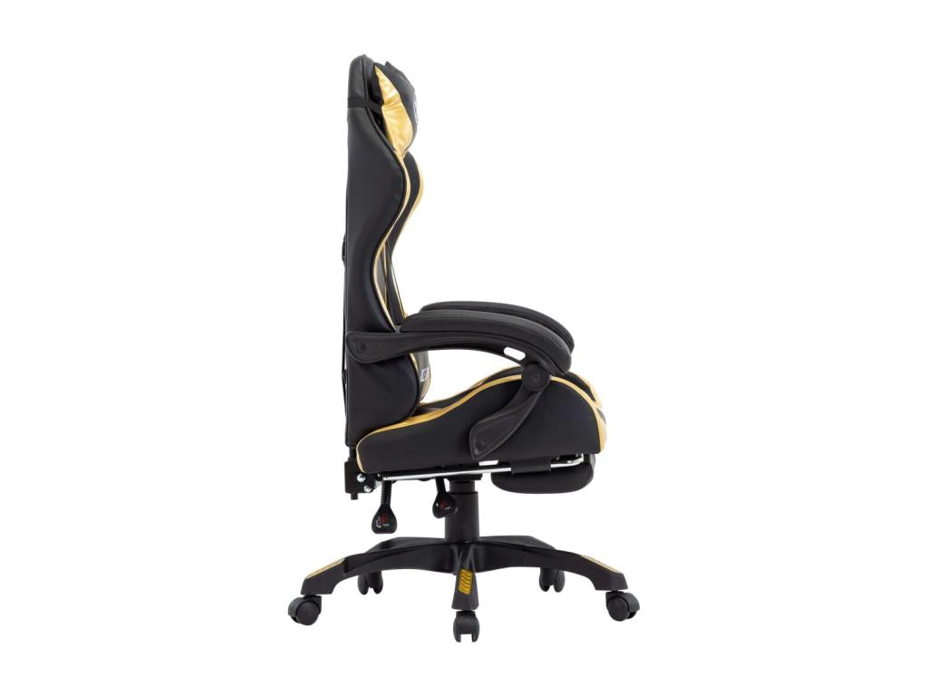 Gaming chair with footrest, gold and black faux leather