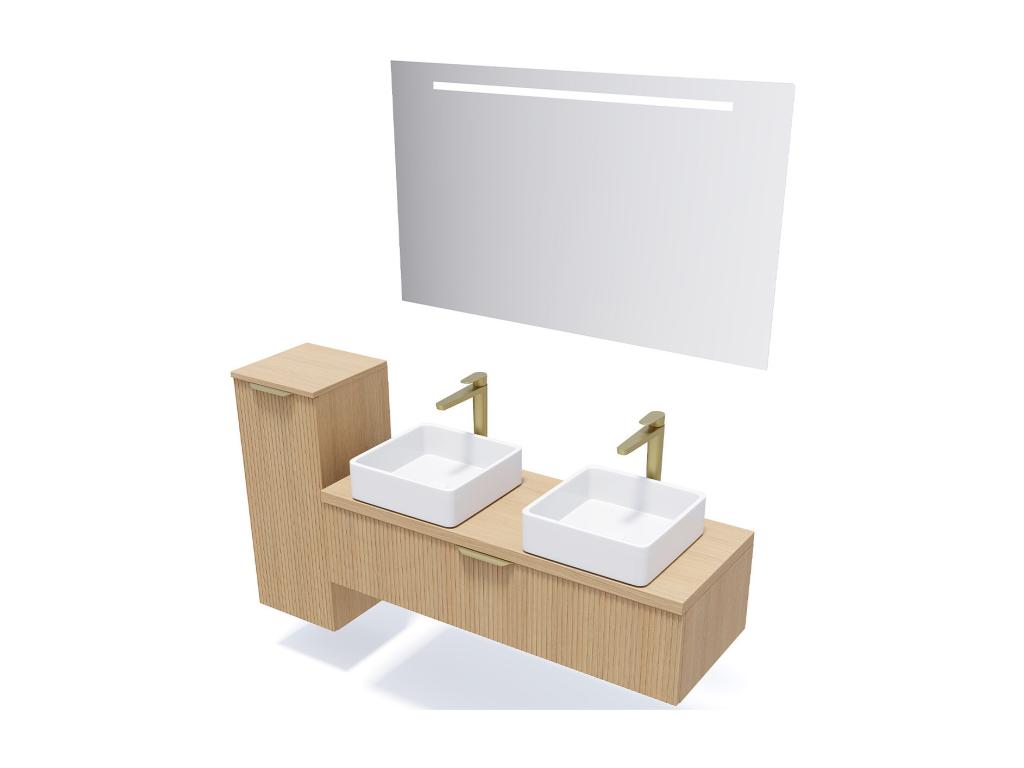Wall-hung bathroom vanity unit with two countertop basins, 120cm, one drawer, fluted oak finish, left-opening mirrored column - Meublita