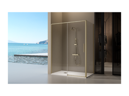 Fixed gold shower screen with sliding door, Meublita brushed gold, 135-137.6 cm