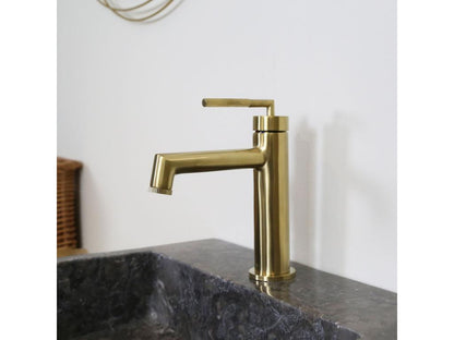 Meublita low-profile basin mixer tap in brushed gold - Meublita