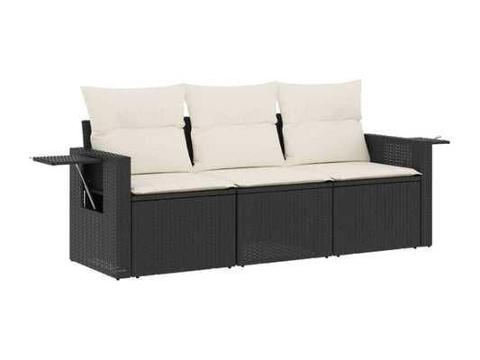 3-piece garden furniture set with cushions, black woven resin