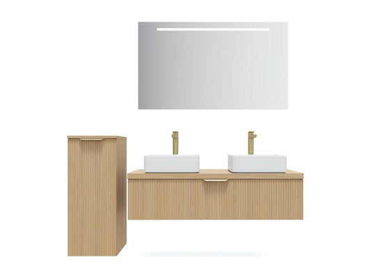 Wall-hung bathroom vanity unit with two countertop basins, 120cm, one drawer, fluted oak finish, left-opening mirrored column - Meublita