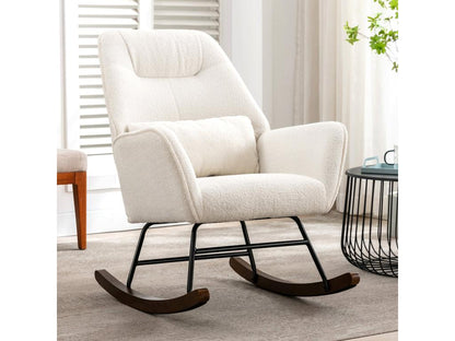 Lambswool Rocking Chair, Modern Wool Armchair, Comfortable Rocking Chair with Solid Wood Legs, Beige