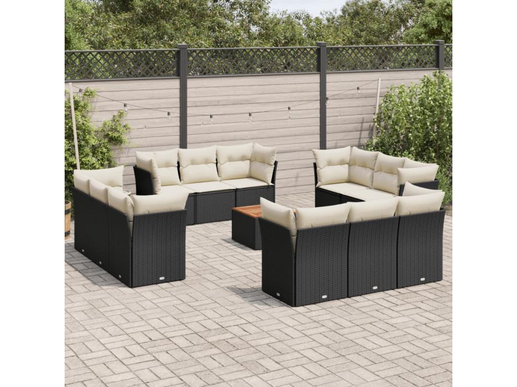 13-piece garden furniture set with cushions, black woven resin