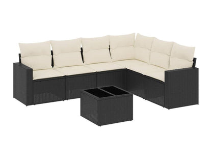 7-piece garden furniture set with cushions, black woven resin