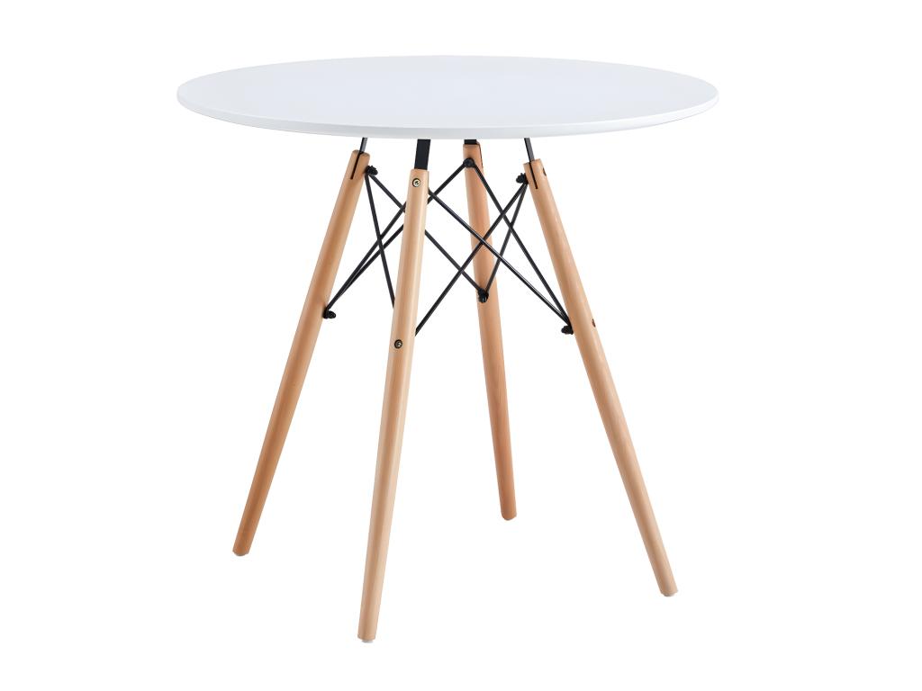Round dining table in matte white with beech-colored legs - diameter 80 x height 75 cm