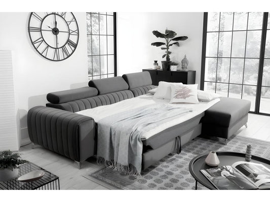 Luxury grey velvet corner sofa bed, 5-seater, right-hand facing (as seen from the front) - Meublita VELVET