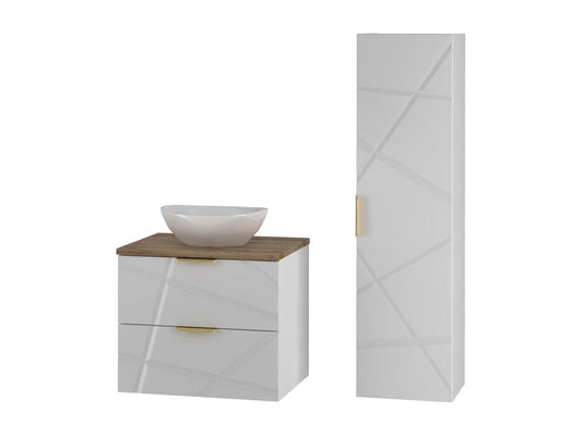 Meublita White and Wood 60cm Single Sink Vanity Unit and Tall Cabinet