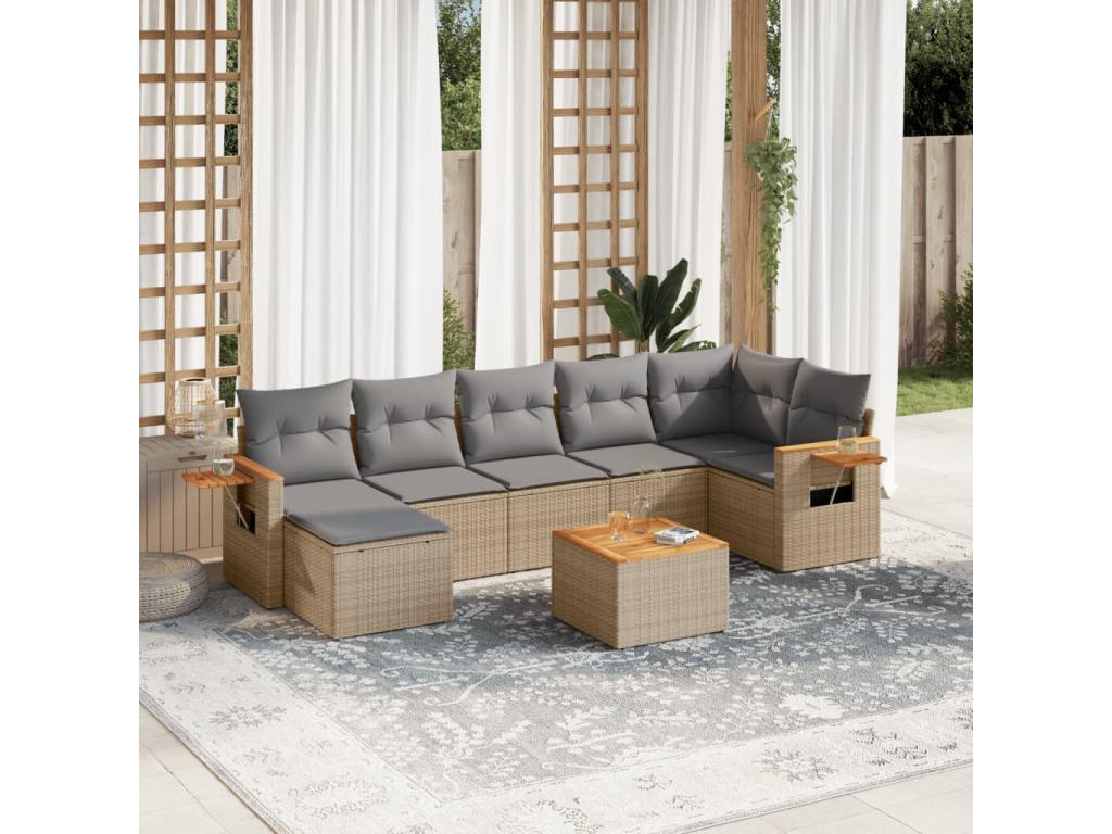 8-piece garden furniture set with cushions, beige woven resin