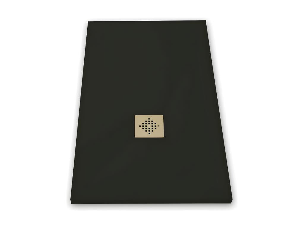 Extra-flat 90x110 cm PURE shower tray in black slate-effect resin with black drain cover