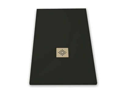 Extra-flat 90x110 cm PURE shower tray in black slate-effect resin with black drain cover