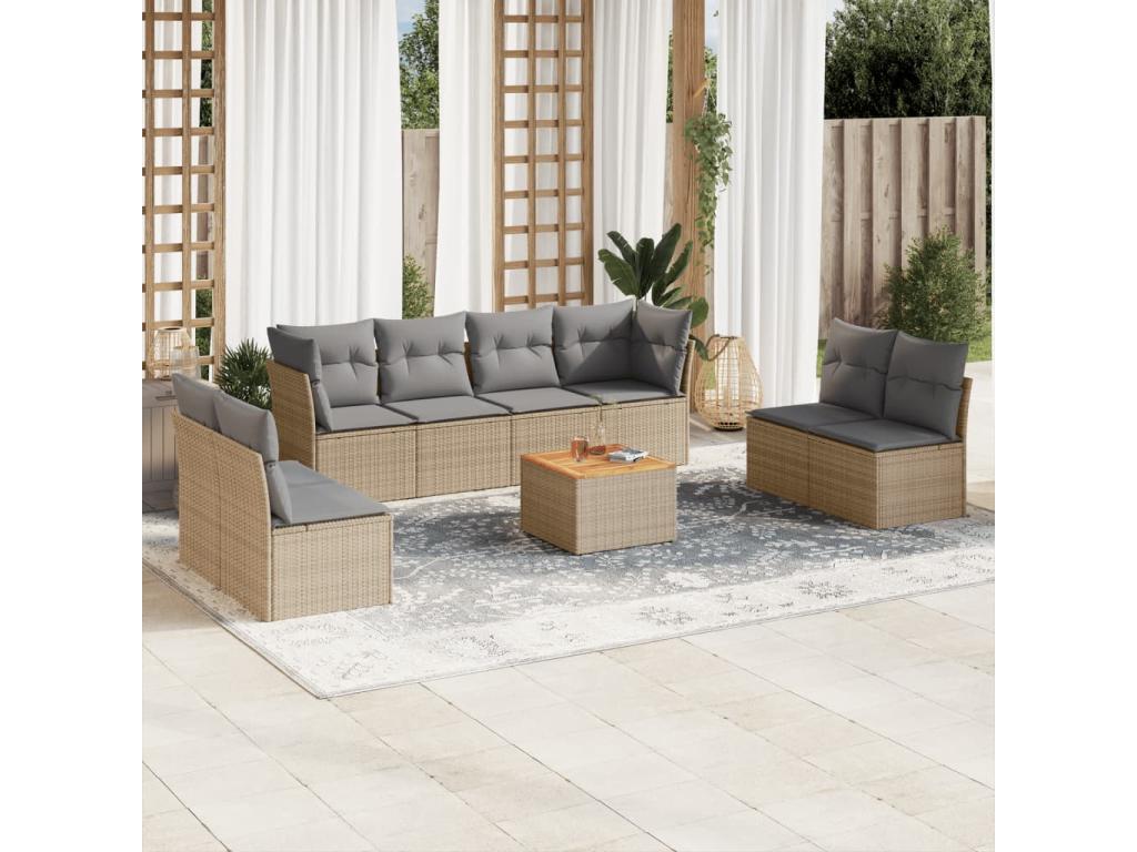 9-piece garden furniture set with cushions, méMeublita beige woven resin