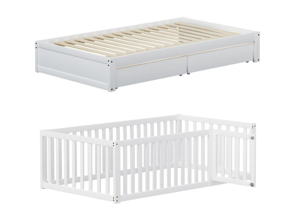 Children's bed 90x200cm in solid wood with safety rail and 2 drawers - White
