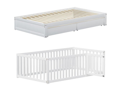 Children's bed 90x200cm in solid wood with safety rail and 2 drawers - White