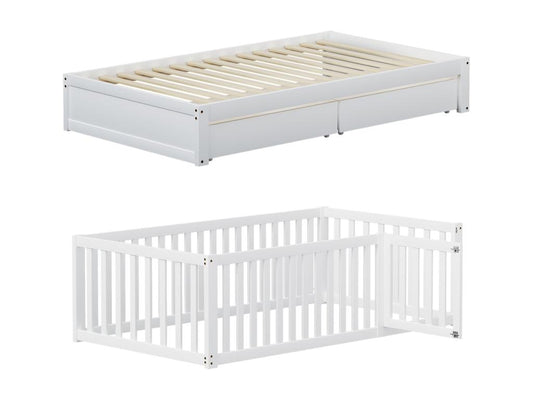 Children's bed 90x200cm in solid wood with safety rail and 2 drawers - White