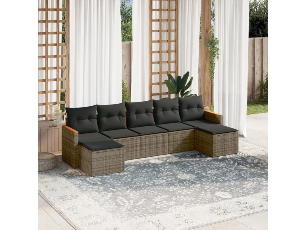 7-piece garden furniture set with cushions, grey woven resin