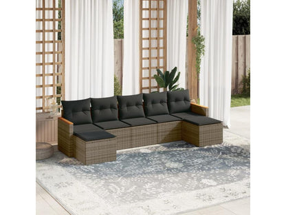 7-piece garden furniture set with cushions, grey woven resin