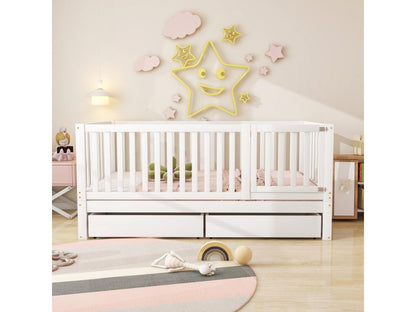 Children's bed 90x200cm in solid wood with safety rail and 2 drawers - White