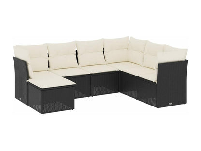 7-piece garden furniture set with cushions, black woven resin