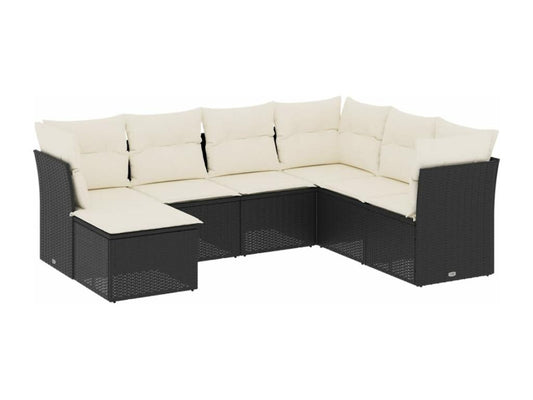 7-piece garden furniture set with cushions, black woven resin