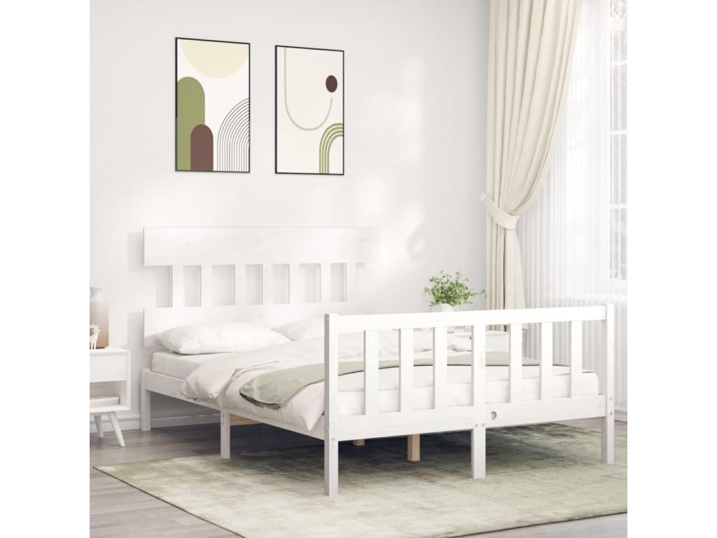 Bed frame with white double headboard, solid wood