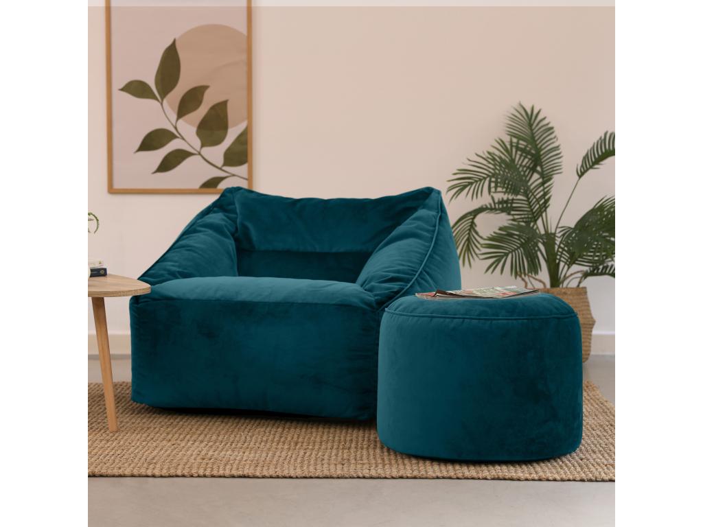 Pouf armchair with round footrest in duck blue velvet - Meublita