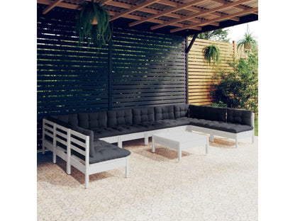 11-piece garden furniture set with cushions, white, solid pine wood