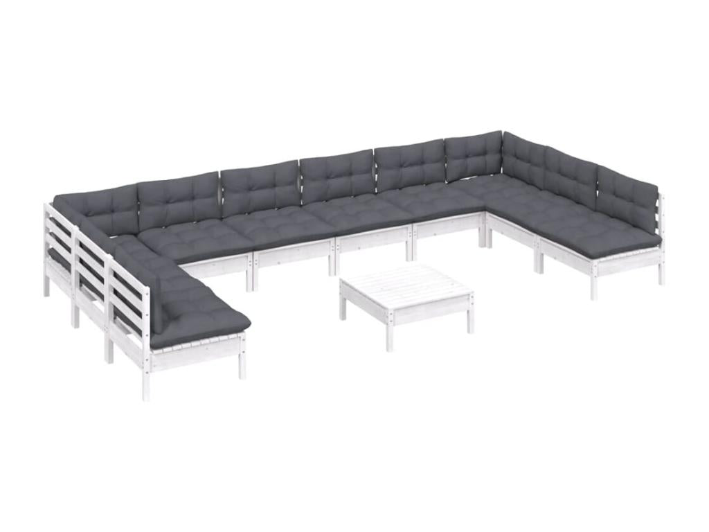 11-piece garden furniture set with cushions, white, solid pine wood