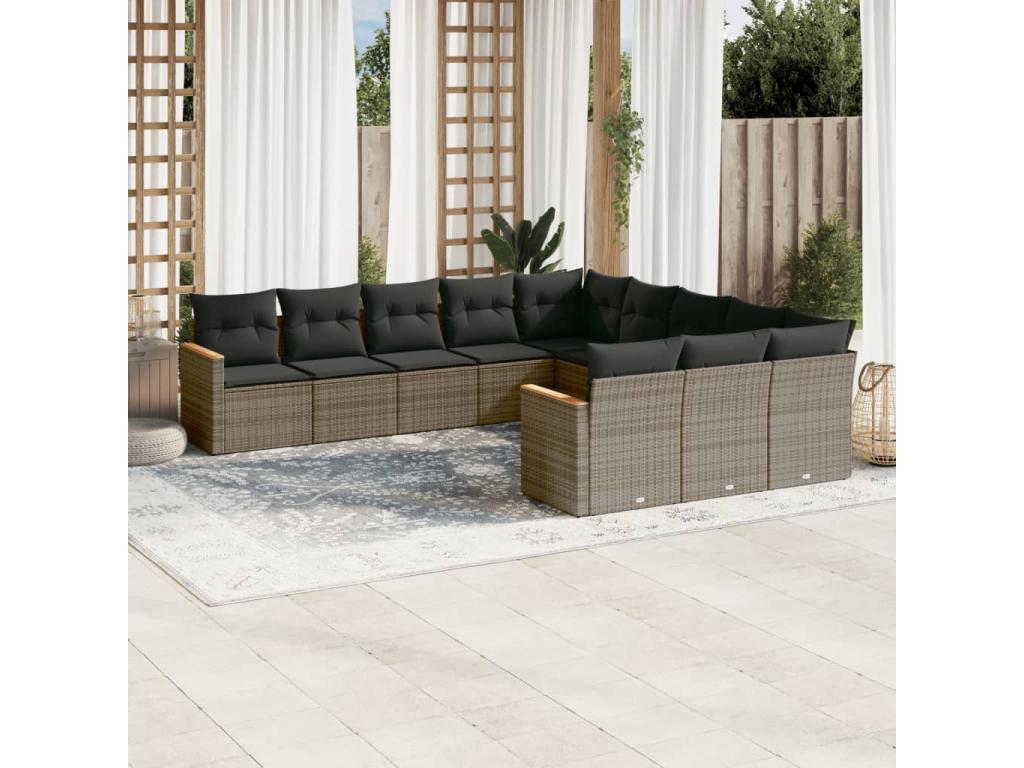 11-piece garden furniture set with grey resin wicker cushions