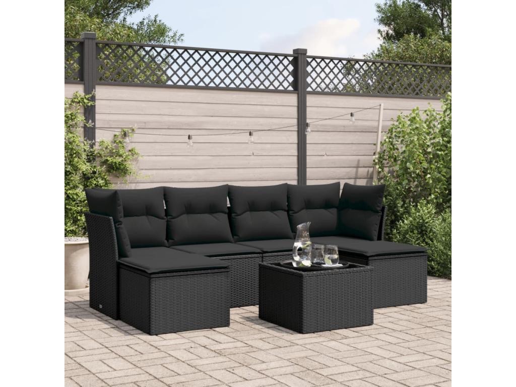 7-piece garden furniture set with cushions, black woven resin