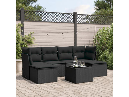 7-piece garden furniture set with cushions, black woven resin