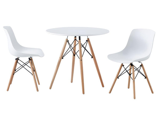 Round dining table in matte white with beech-colored legs - diameter 80 x height 75 cm