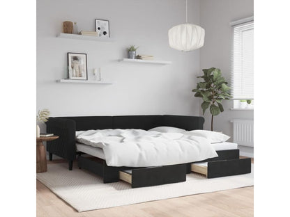 Daybed with trundle and drawers, black, 100x200 cm, velvet
