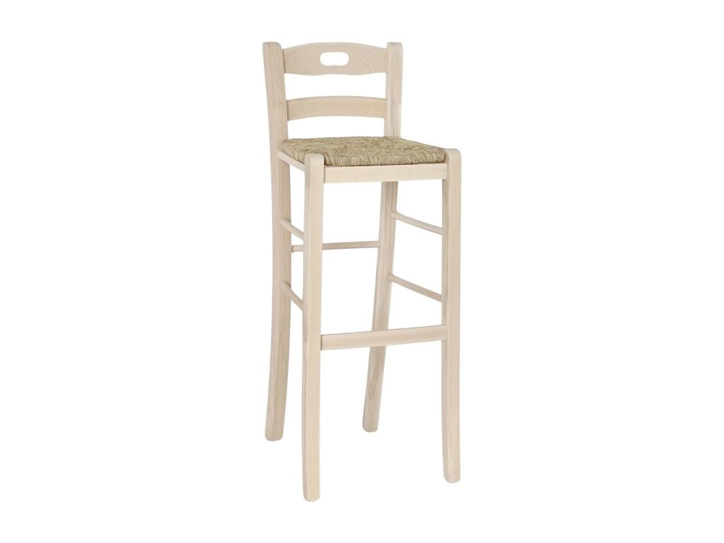 High bar stool in raw wood, 80 cm high, with handle and straw seat