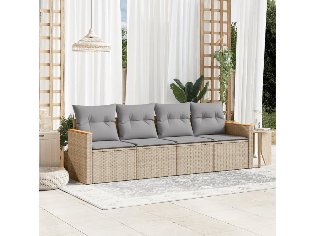 Garden furniture set with cushions, 4 pieces, beige woven resin