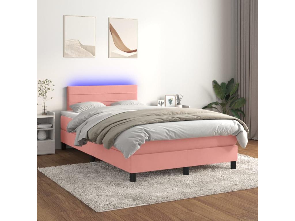 Upholstered bed base with mattress and LED light, Pink, 120x200cm, Velvet
