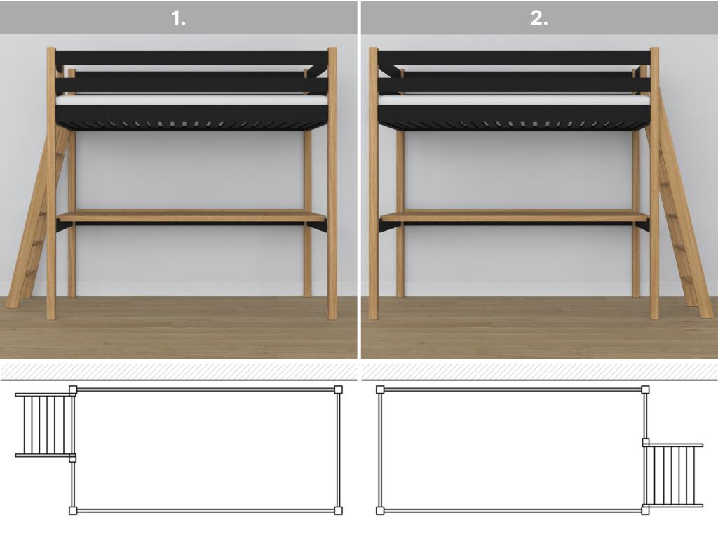 Wooden loft bed - with desk N02 Black / Natural Oak 100x200