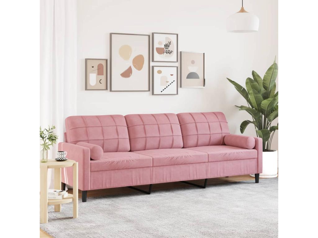 3-seater sofa with decorative cushions, pink, 210 cm, velvet