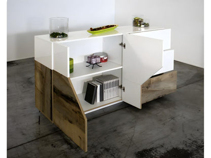 Meublita Buffet Kitchen Buffet with 2 Doors and 3 Drawers Living Room Buffet Made in Italy 141x43h86 cm Glossy White and Maple