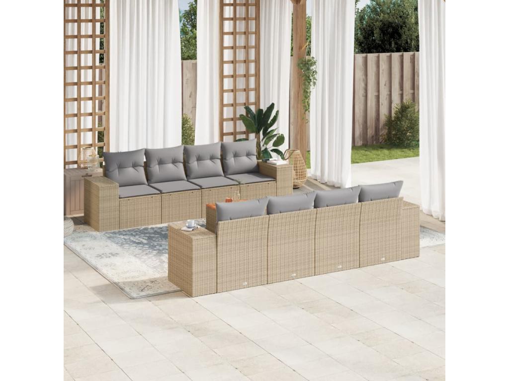 9-piece garden furniture set with cushions, beige woven resin