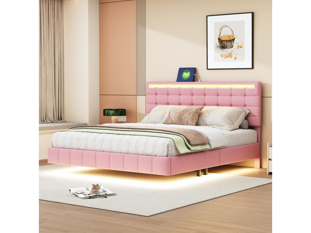 Upholstered bed with LED lights for adults - floating bed frame with slatted base by Meublita and headboard with 2 USB ports - pink 160x200cm